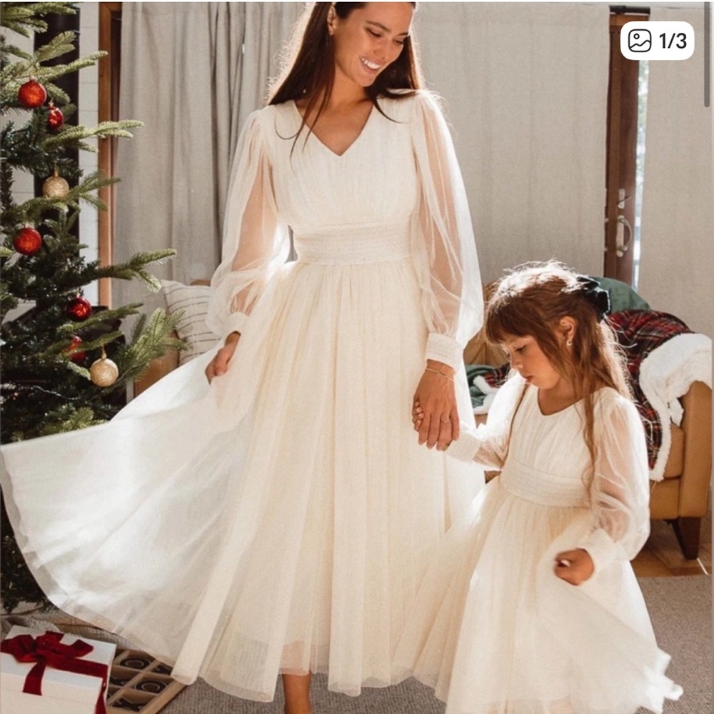 Ivy City Co Ivory Midi Tulle Dress with Sheer Long Sleeves